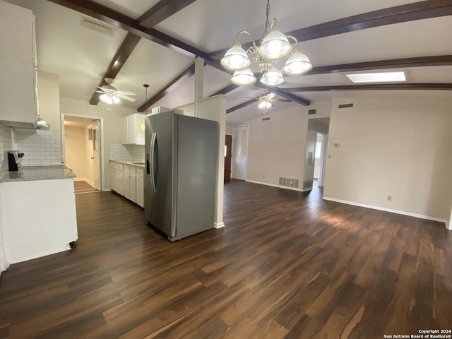 kitchen with white cabinetry, tasteful backsplash, stainless steel fridge with ice dispenser, dark hardwood / wood-style flooring, and lofted ceiling with beams