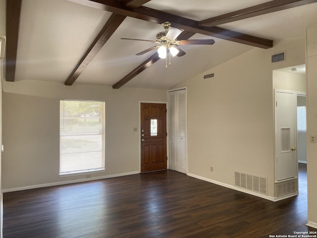 interior space with ceiling fan, vaulted ceiling with beams, and dark wood-type flooring