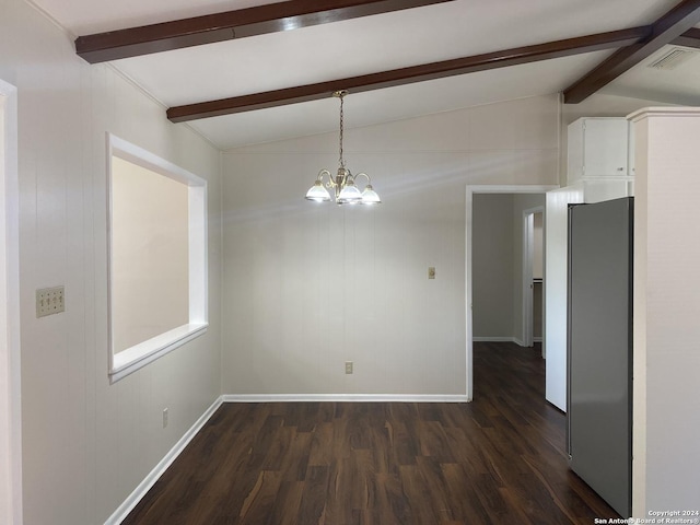 unfurnished dining area with dark hardwood / wood-style flooring, lofted ceiling with beams, and a notable chandelier