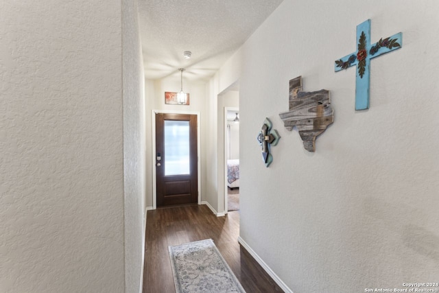 interior space featuring a textured ceiling and dark wood-type flooring