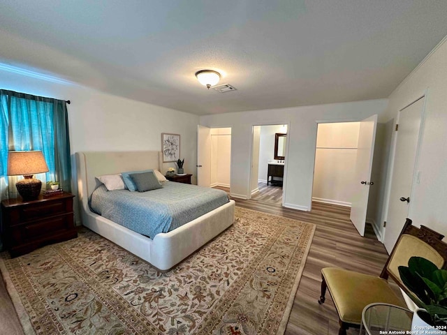 bedroom featuring ensuite bathroom and wood-type flooring