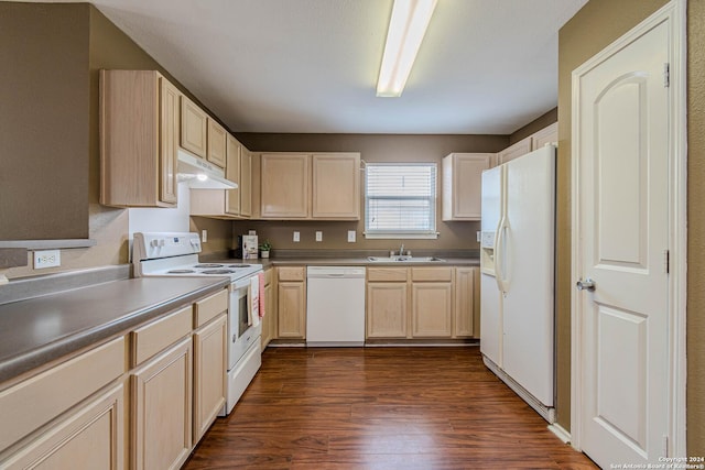 kitchen featuring sink, white appliances, light brown cabinets, and dark hardwood / wood-style flooring