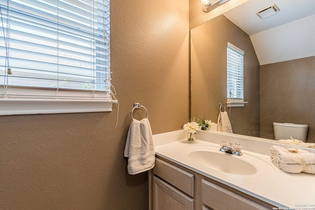 bathroom featuring toilet, vanity, and vaulted ceiling