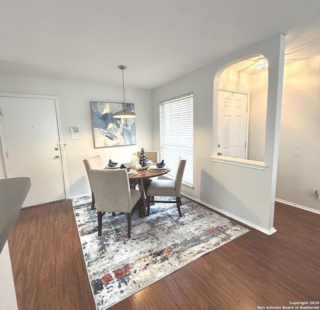 dining space featuring dark wood-type flooring