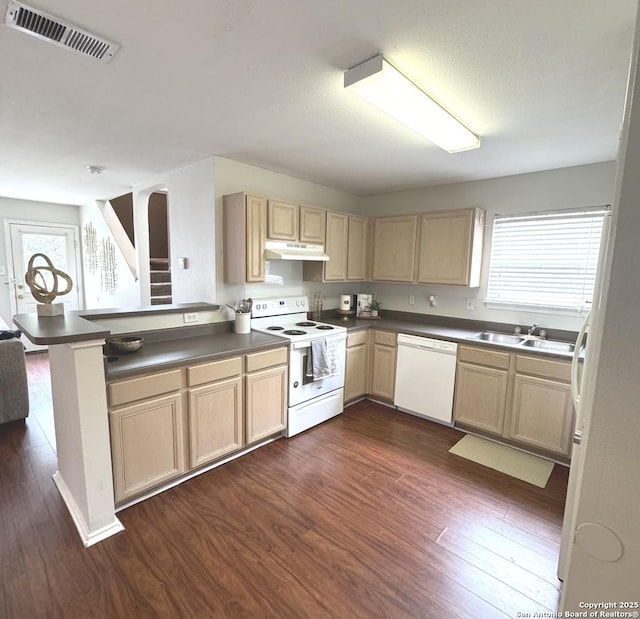 kitchen with kitchen peninsula, sink, white appliances, dark wood-type flooring, and light brown cabinetry