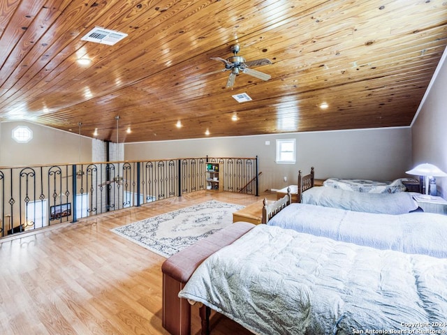 bedroom with lofted ceiling, wooden ceiling, visible vents, and wood finished floors