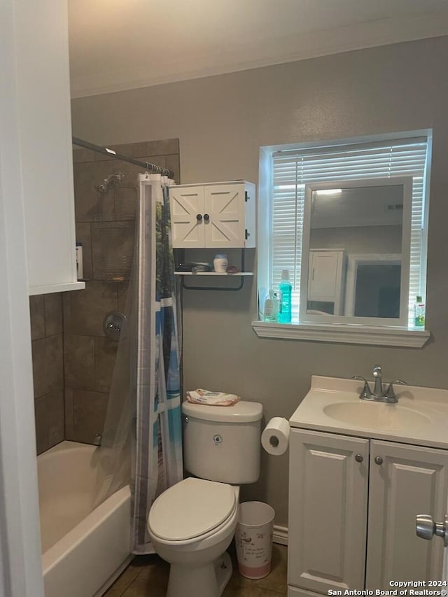 full bathroom with toilet, shower / bathtub combination with curtain, and vanity