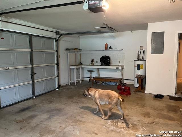 garage featuring a garage door opener, electric panel, and water heater