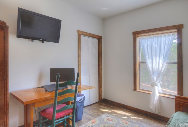 home office with hardwood / wood-style floors and a wealth of natural light