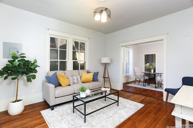 living room featuring dark hardwood / wood-style flooring and electric panel