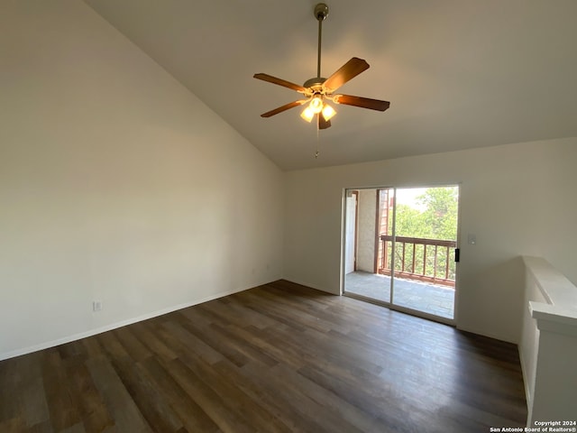 unfurnished room featuring dark hardwood / wood-style flooring, high vaulted ceiling, and ceiling fan