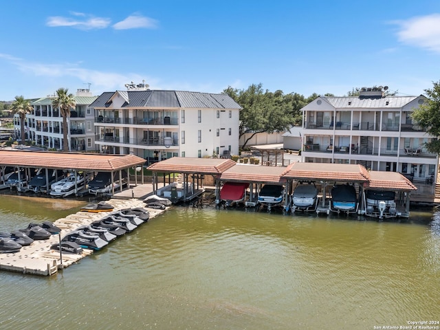 view of dock with a water view