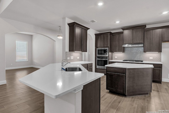 kitchen with decorative light fixtures, stainless steel appliances, light hardwood / wood-style floors, dark brown cabinets, and sink