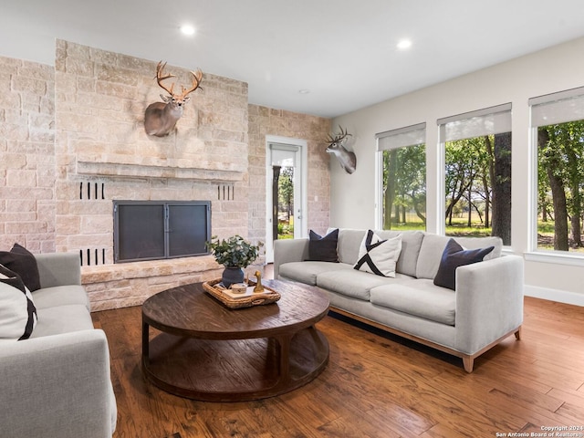 living room with a stone fireplace, wood-type flooring, and a healthy amount of sunlight