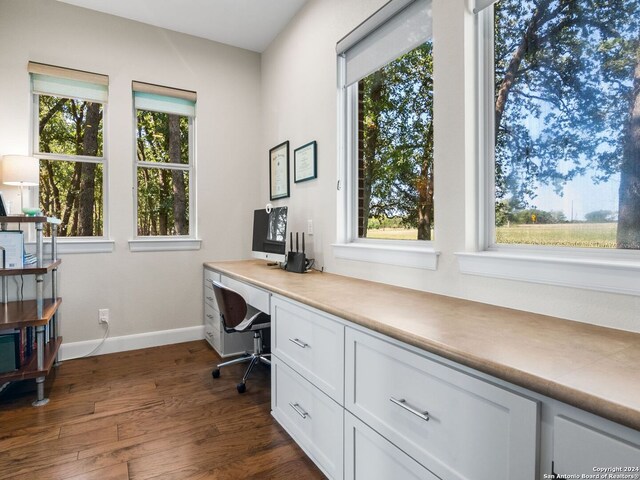 5 Old Fredericksburg, Boerne, TX 78015 - unfurnished office with baseboards, dark wood finished floors, built in desk, and a wealth of natural light