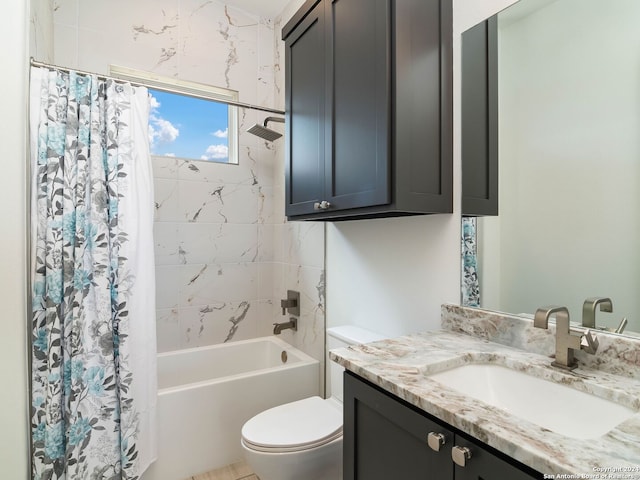 full bathroom with shower / bath combo, toilet, and vanity