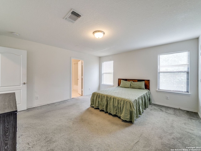 bedroom featuring ensuite bathroom, carpet flooring, and a textured ceiling