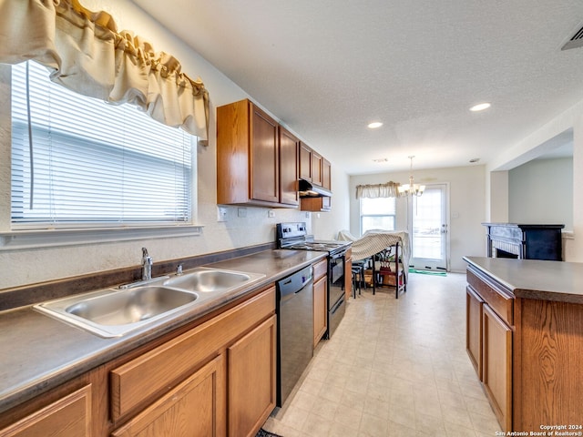 kitchen featuring dishwasher, sink, a chandelier, hanging light fixtures, and electric range