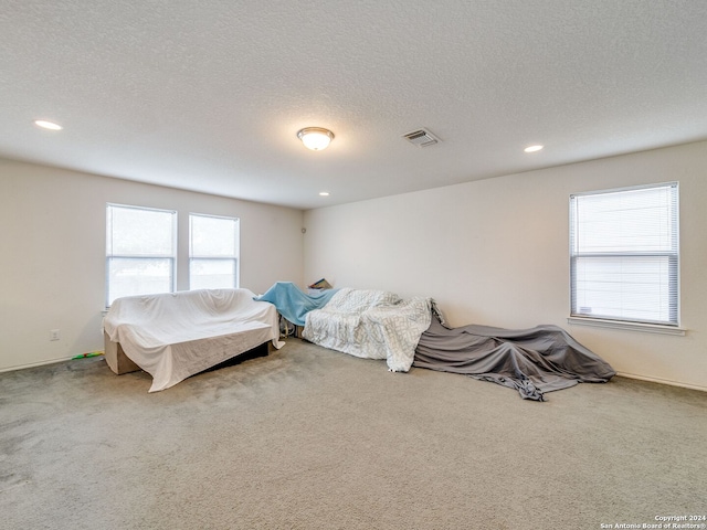 bedroom with multiple windows, carpet, and a textured ceiling