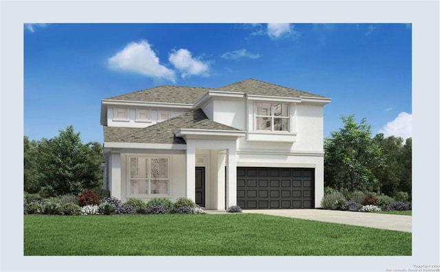 view of front of home featuring a front yard and a garage