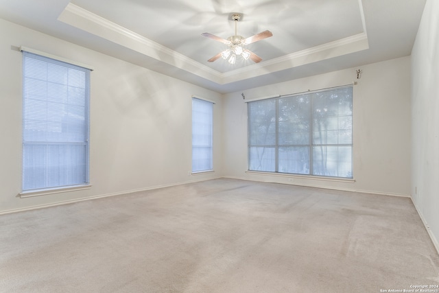 carpeted empty room with ornamental molding, a tray ceiling, and ceiling fan