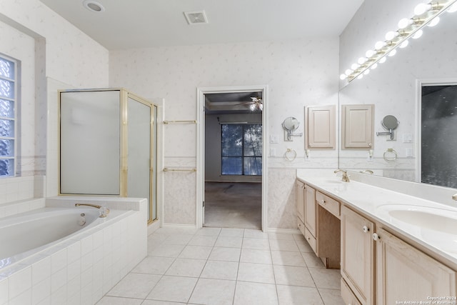 bathroom with vanity, tile patterned floors, separate shower and tub, and ceiling fan