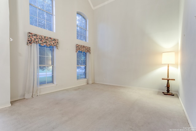 carpeted empty room featuring ornamental molding and high vaulted ceiling