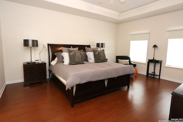 bedroom with wood-type flooring, ceiling fan, and a raised ceiling