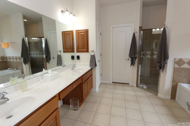 bathroom with shower with separate bathtub, tile patterned floors, and dual bowl vanity