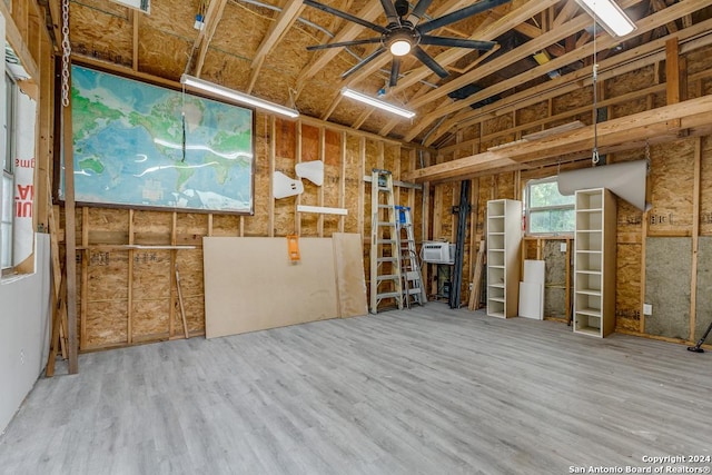 miscellaneous room with vaulted ceiling, ceiling fan, and hardwood / wood-style floors