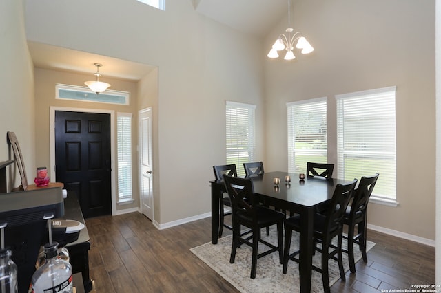 dining room featuring a healthy amount of sunlight, dark hardwood / wood-style floors, and a chandelier