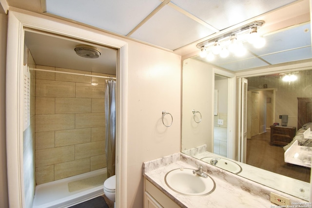 bathroom featuring vanity, curtained shower, and toilet