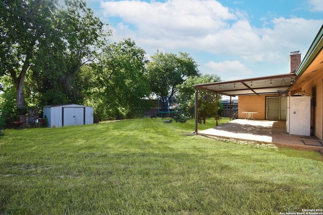 view of yard featuring a storage shed, a patio, and a trampoline