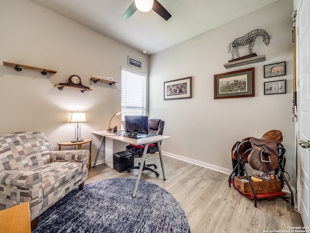 office with ceiling fan and light hardwood / wood-style floors