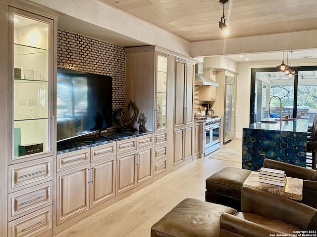 living room with wood ceiling, sink, and light wood-type flooring