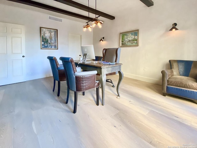 dining room featuring beamed ceiling and wood-type flooring