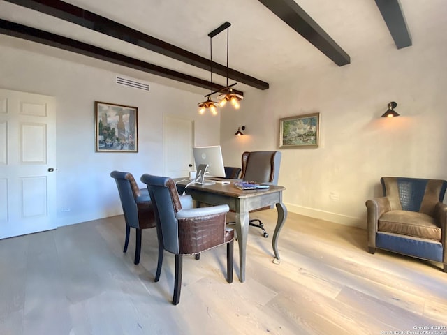 office area featuring hardwood / wood-style flooring and beamed ceiling