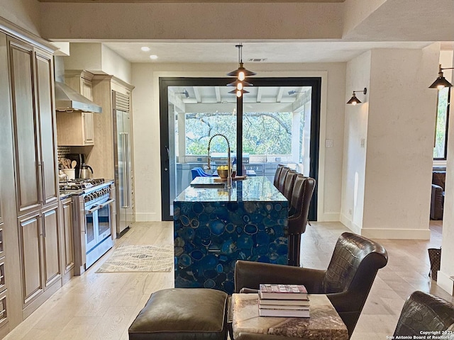 kitchen with hanging light fixtures, light hardwood / wood-style flooring, premium appliances, light stone countertops, and a kitchen island with sink