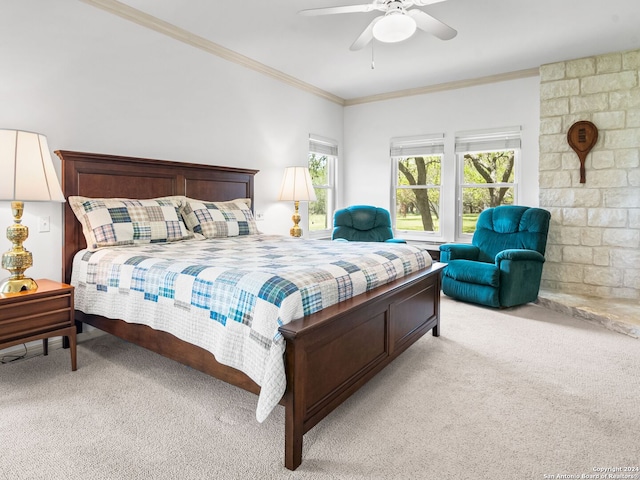 143 Cascade Caverns, Boerne, TX 78015 - bedroom featuring light carpet, crown molding, and ceiling fan
