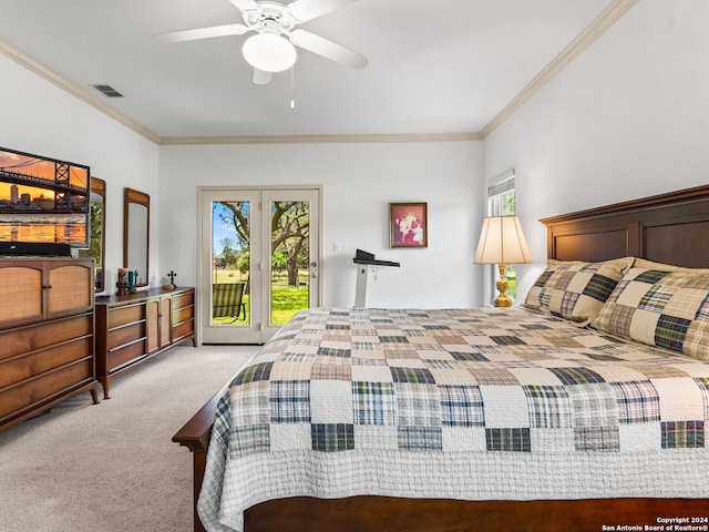 143 Cascade Caverns, Boerne, TX 78015 - carpeted bedroom with ceiling fan, visible vents, ornamental molding, and access to outside
