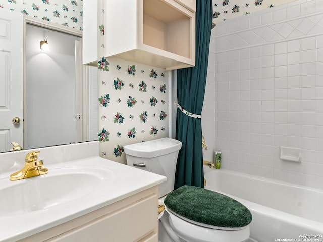 143 Cascade Caverns, Boerne, TX 78015 - full bathroom featuring toilet, wallpapered walls, and shower / bathtub combination with curtain