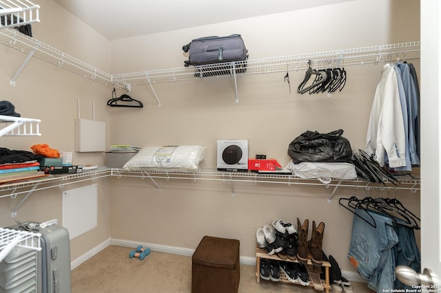 spacious closet featuring light colored carpet