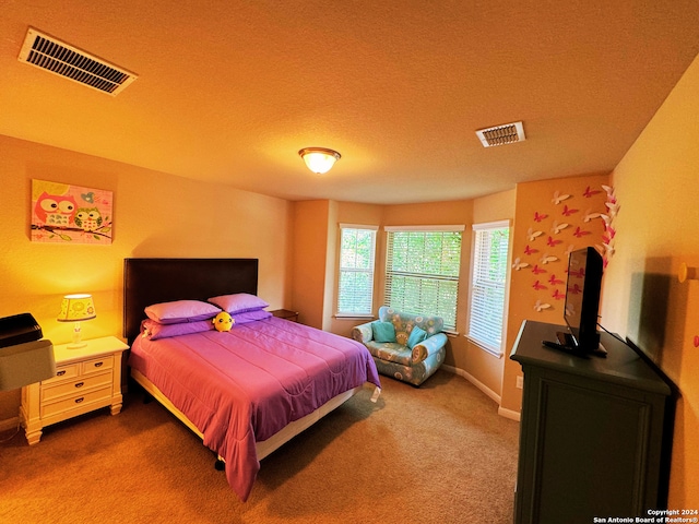 bedroom featuring carpet floors and a textured ceiling