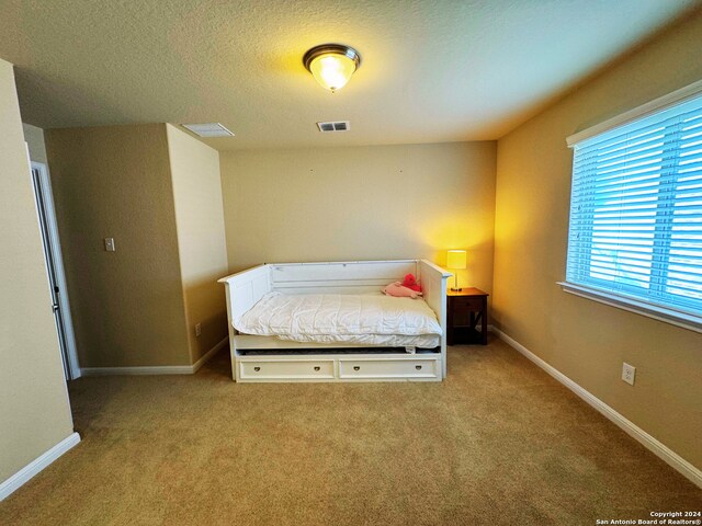 carpeted bedroom with a textured ceiling