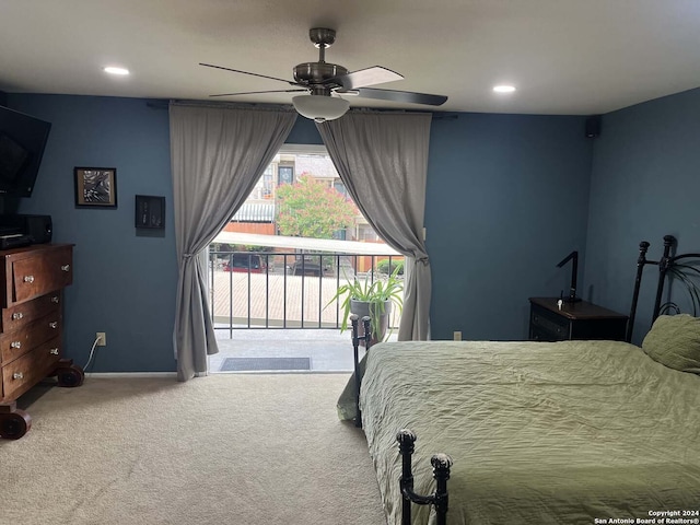 bedroom featuring access to outside, ceiling fan, and carpet flooring