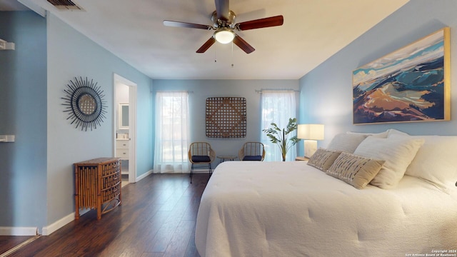 bedroom featuring dark wood-type flooring and ceiling fan