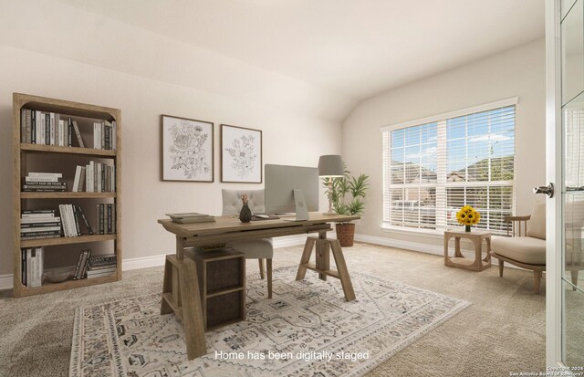 office with lofted ceiling and light colored carpet