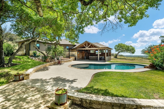 view of swimming pool featuring a lawn, a patio area, and a gazebo