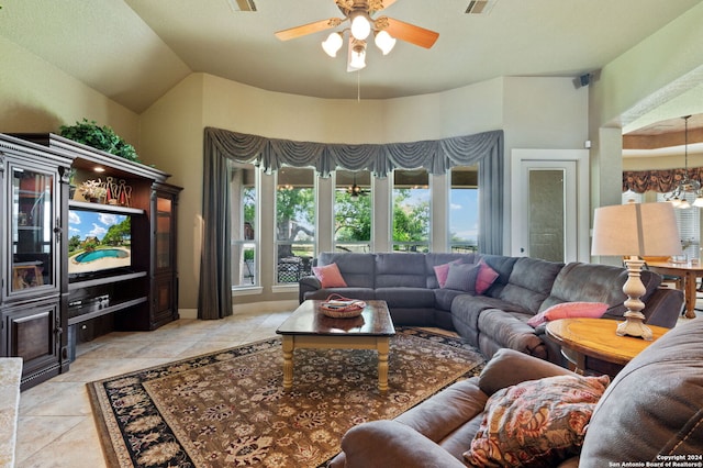 living room featuring light tile patterned floors and ceiling fan