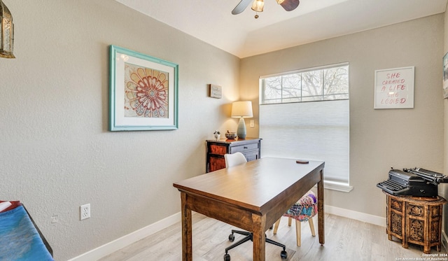 office area with ceiling fan and light hardwood / wood-style floors